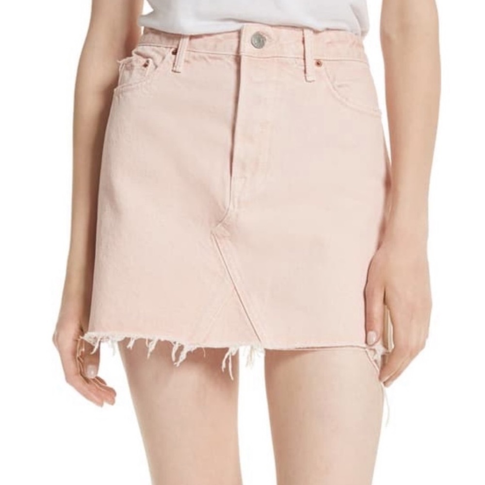GRLFRND Eva Y2K Button Fly Pink Denim Raw Hem Jean Rose Mini Skirt Size 29